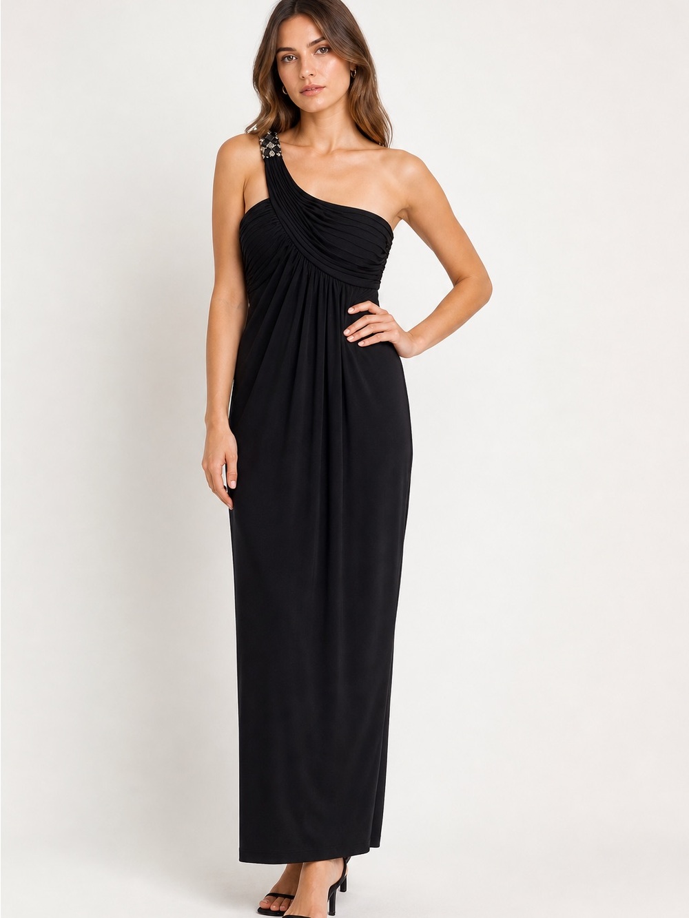 BCBGMaxAzria Leslie Black One Shoulder Embellished Maxi Dress XS